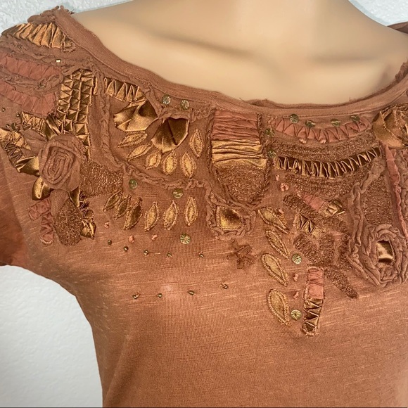 Anthro C. Keer Ribbon Embroidered Floral Beaded Embellished T-Shirt Tee Shirt - Picture 7 of 11